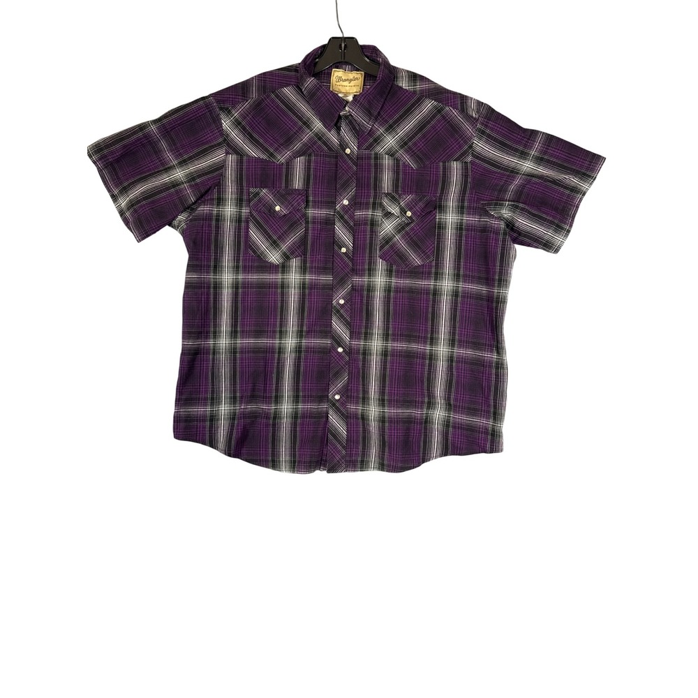 Wrangler Western Shirts Mens Purple Plaid Short Sleeve Pearl Snap Button Up 2XL